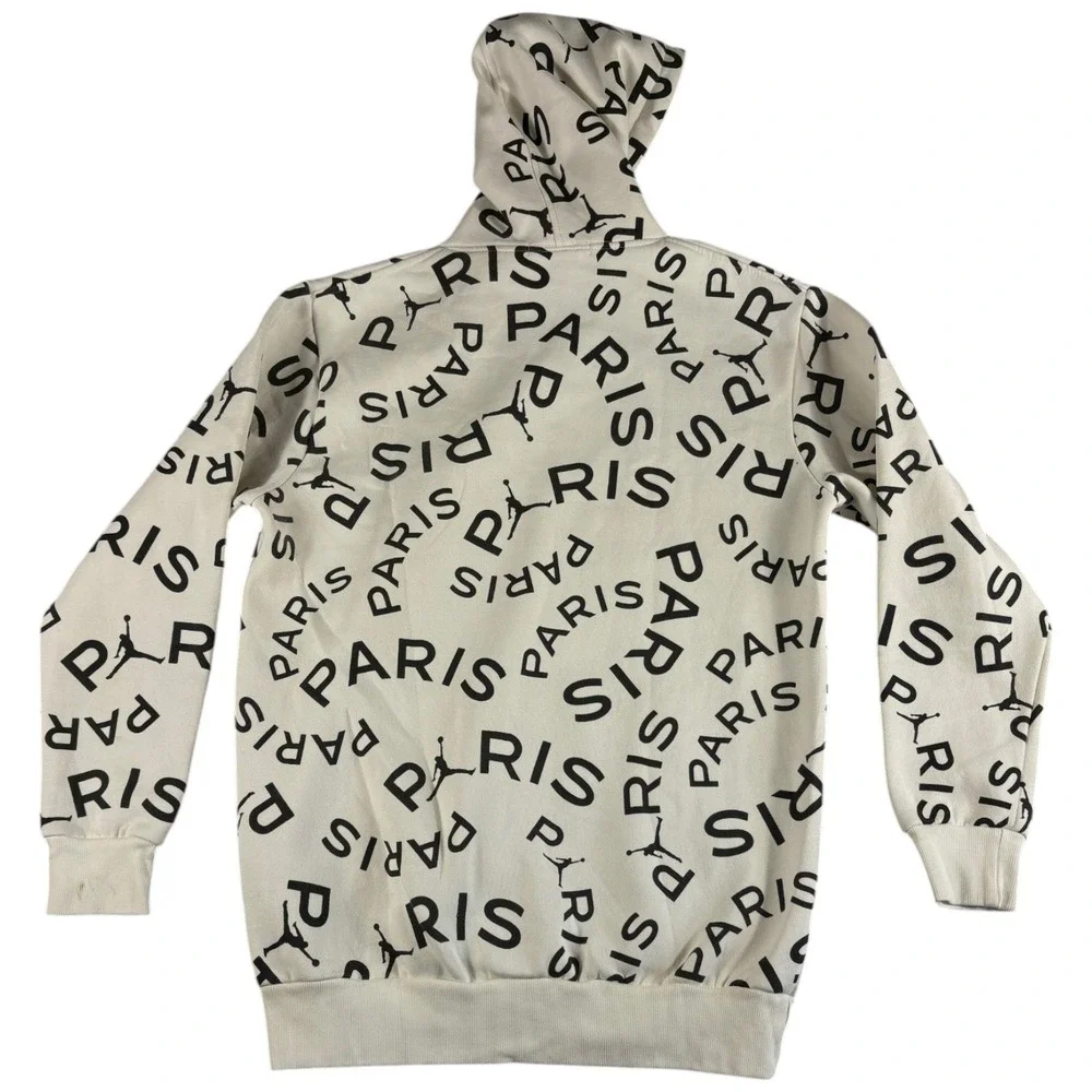 Jordan x PSG Hoodie Mens 2XL Cream Black Paris Saint-Germain All Over Logo Print